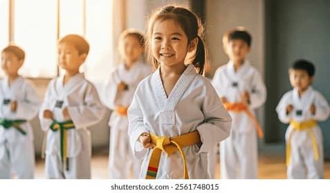 Kids in taekwondo uniforms smiling